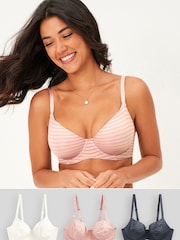 Navy Blue/Pink/Cream Non Pad Balcony DD+ Stripe Bras 3 Pack - Image 1 of 5