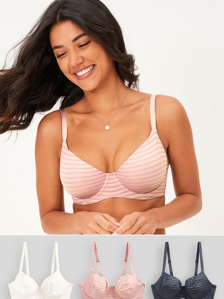 Navy Blue/Pink/Cream Non Pad Balcony DD+ Stripe Bras 3 Pack - Image 1 of 5