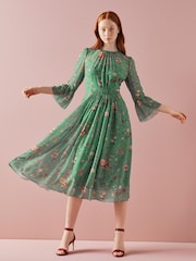 LK Bennett Amanda Green Camelia Print Georgett Midi Dress - Image 1 of 4