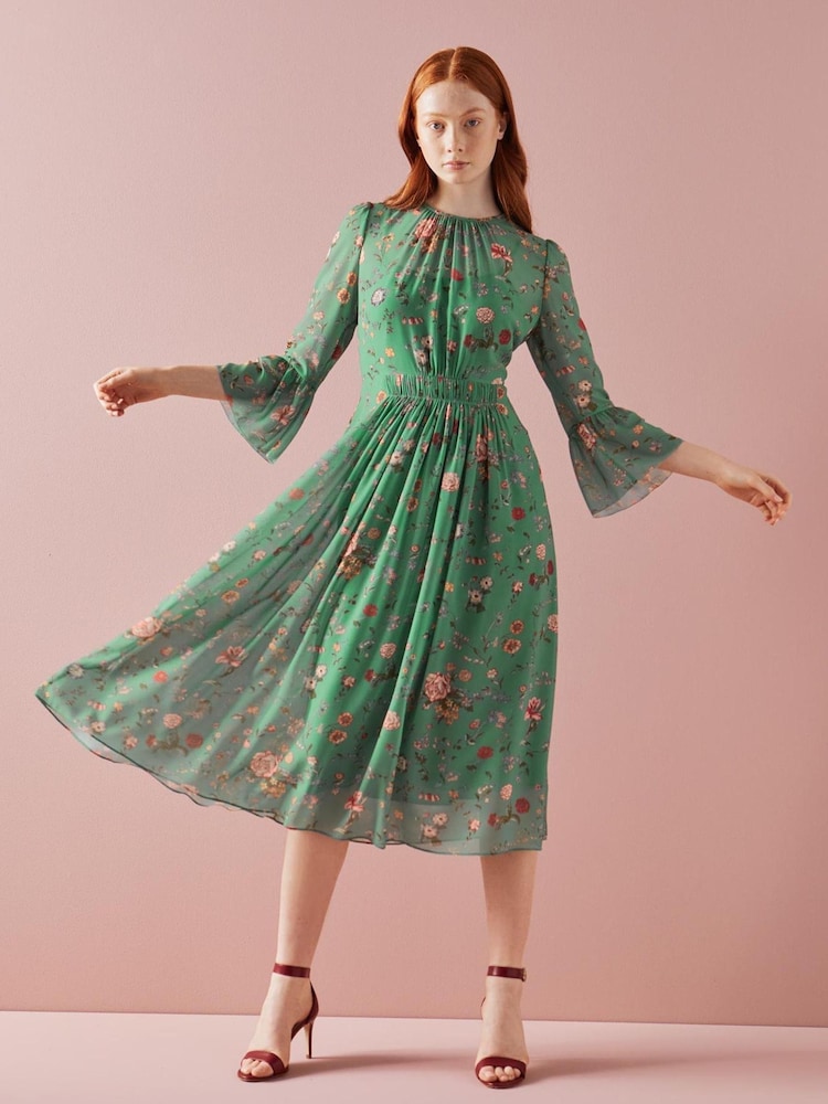 LK Bennett Amanda Green Camelia Print Georgett Midi Dress - Image 1 of 4