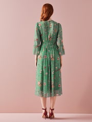 LK Bennett Amanda Green Camelia Print Georgett Midi Dress - Image 2 of 4