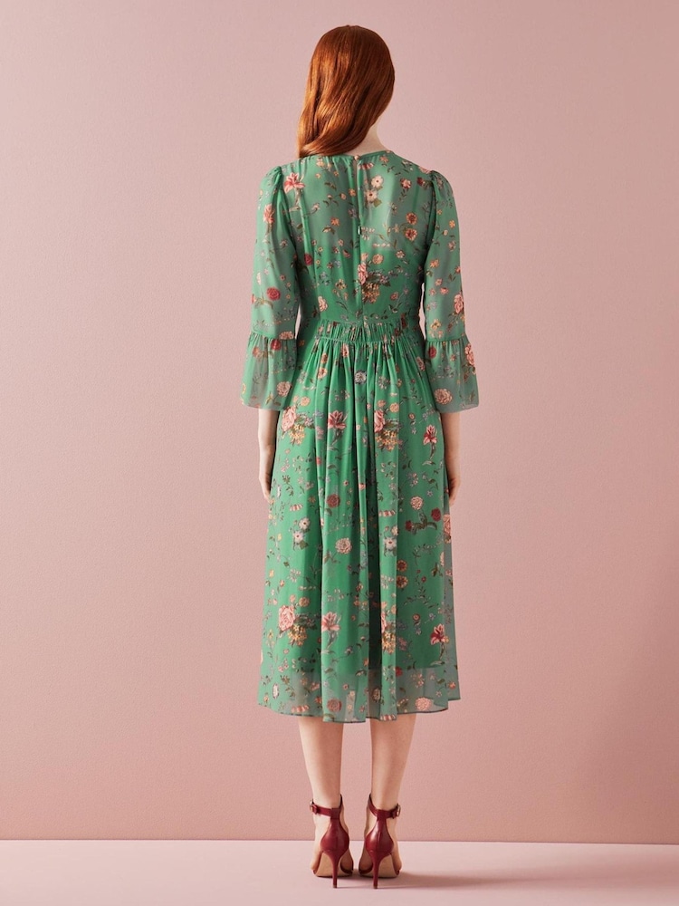 LK Bennett Amanda Green Camelia Print Georgett Midi Dress - Image 2 of 4