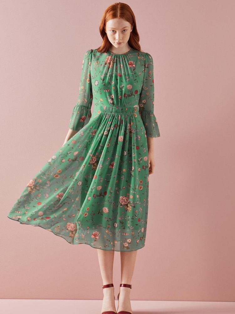 LK Bennett Amanda Green Camelia Print Georgett Midi Dress - Image 3 of 4