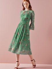 LK Bennett Amanda Green Camelia Print Georgett Midi Dress - Image 4 of 4