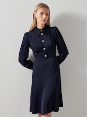 LK Bennett Blue Mira Crepe Long Sleeve Tea Dress - Image 1 of 4