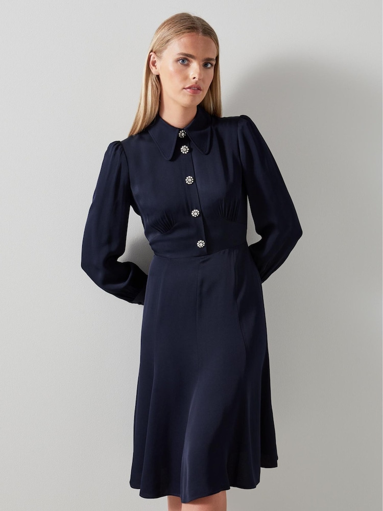 LK Bennett Blue Mira Crepe Long Sleeve Tea Dress - Image 1 of 4
