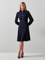 LK Bennett Blue Mira Crepe Long Sleeve Tea Dress - Image 2 of 4