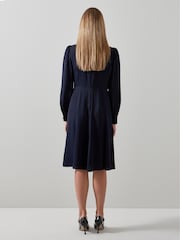 LK Bennett Blue Mira Crepe Long Sleeve Tea Dress - Image 3 of 4