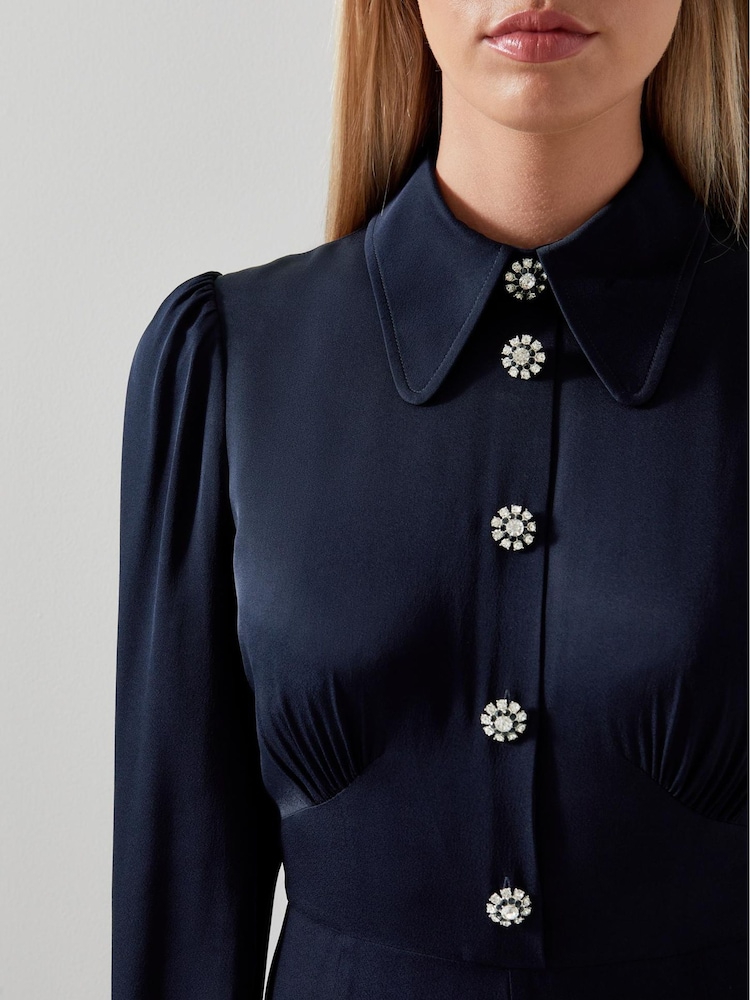 LK Bennett Blue Mira Crepe Long Sleeve Tea Dress - Image 4 of 4