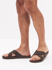 Brown Leather Cross Strap Slip-On Sandals - Image 1 of 6