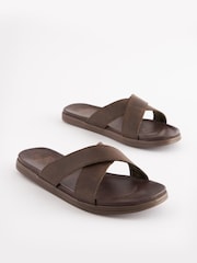 Brown Leather Cross Strap Slip-On Sandals - Image 2 of 6