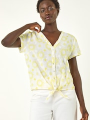 Roman Yellow Cotton Broidery Tie Front Blouse - Image 1 of 5