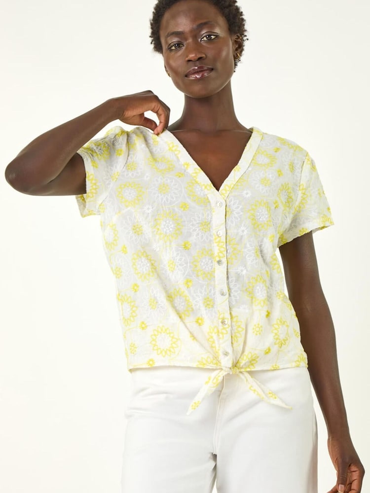 Roman Yellow Cotton Broidery Tie Front Blouse - Image 1 of 5