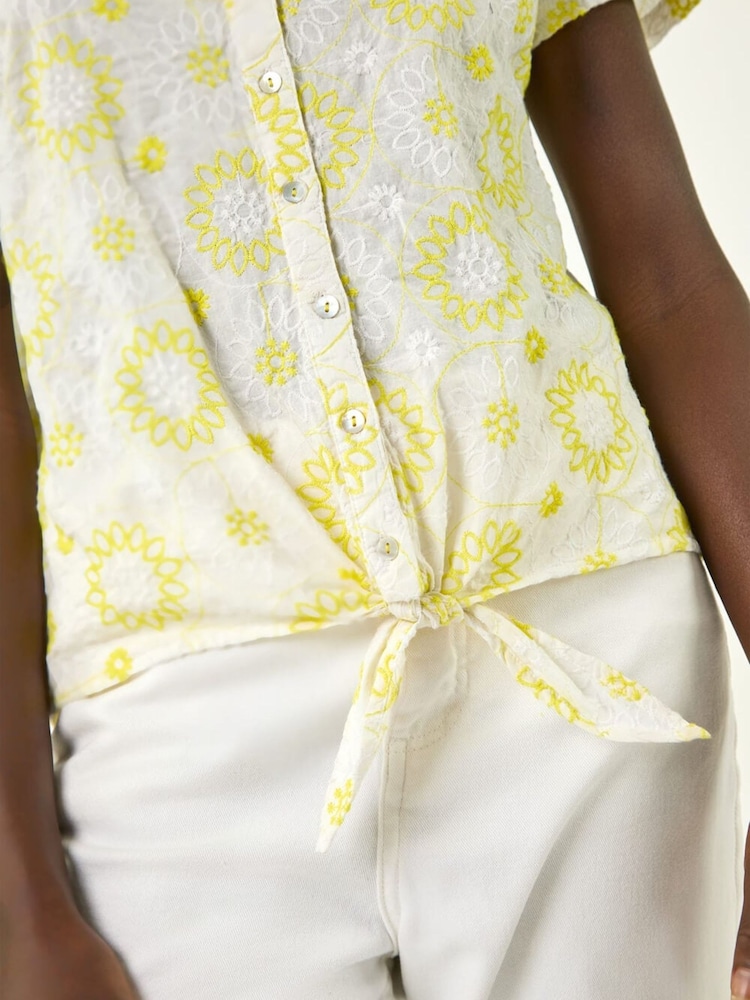 Roman Yellow Cotton Broidery Tie Front Blouse - Image 5 of 5