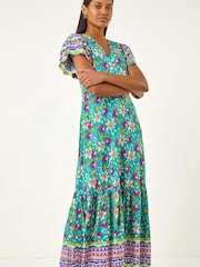 Roman Blue Floral Border Print Maxi Dress - Image 1 of 5
