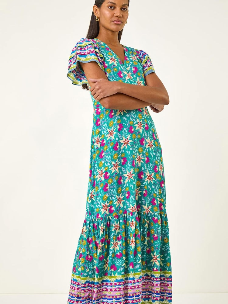 Roman Blue Floral Border Print Maxi Dress - Image 1 of 5 Roman Blue Floral Border Print Maxi Dress - Image 1 of 5