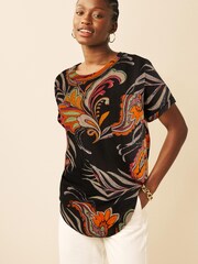 Black Feather Printed Short Sleeve Curved Hem T-Shirt - Image 1 of 6