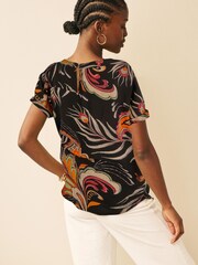 Black Feather Printed Short Sleeve Curved Hem T-Shirt - Image 2 of 6