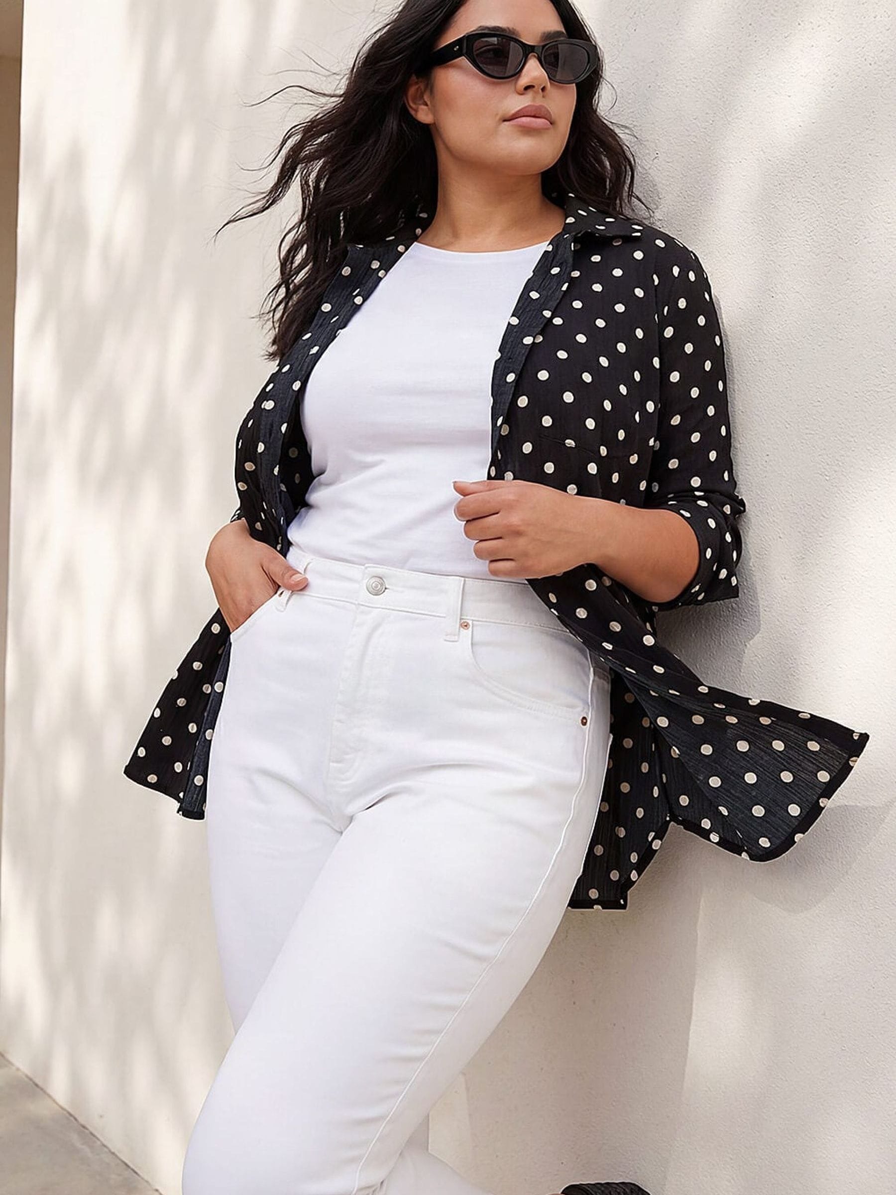 Roman Women's Black Curve Spot Print Button Shirt