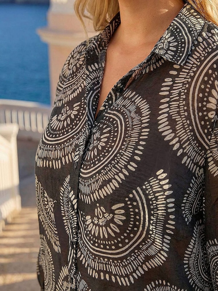 Roman Black Curve Abstract Print Woven Shirt - Image 4 of 4