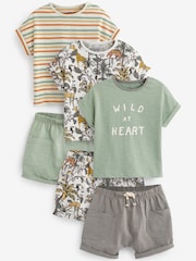 Sage Green Safari Baby T-Shirts And Shorts 6 Piece Set - Image 1 of 4
