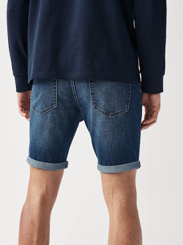 Mid Blue Slim Fit Stretch Denim Shorts - Image 3 of 9