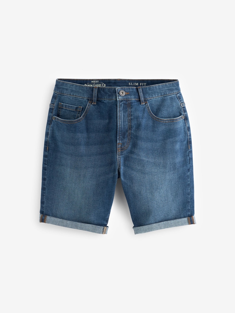 Mid Blue Slim Fit Stretch Denim Shorts - Image 5 of 9