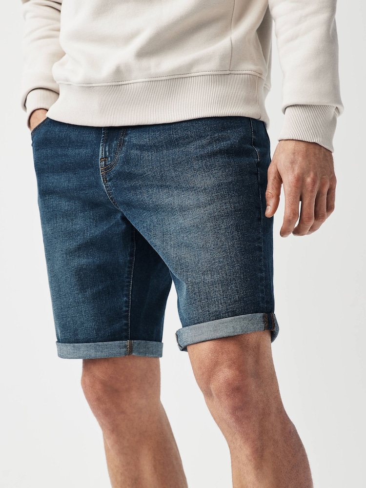Srednje modra - Raven kroj - Raztegljive denim kratke hlače - Slika 1 iz 9
