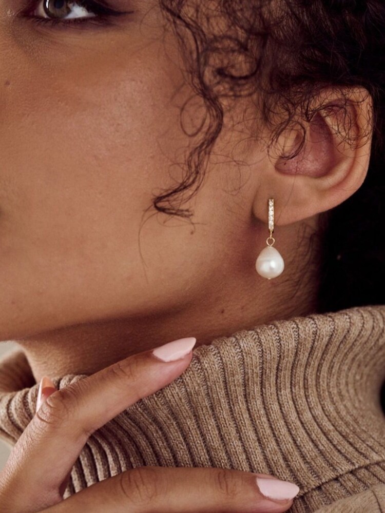 Orelia London 18K Gold Pearl Drop Pave Huggie Hoop Earrings - Image 2 of 2