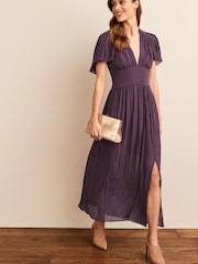 Purple Pleated Short Sleeves Midi Dress - Image 1 of 4