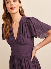 Purple Pleated Short Sleeves Midi Dress - Image 3 of 4