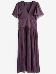 Purple Pleated Short Sleeves Midi Dress - Image 4 of 4