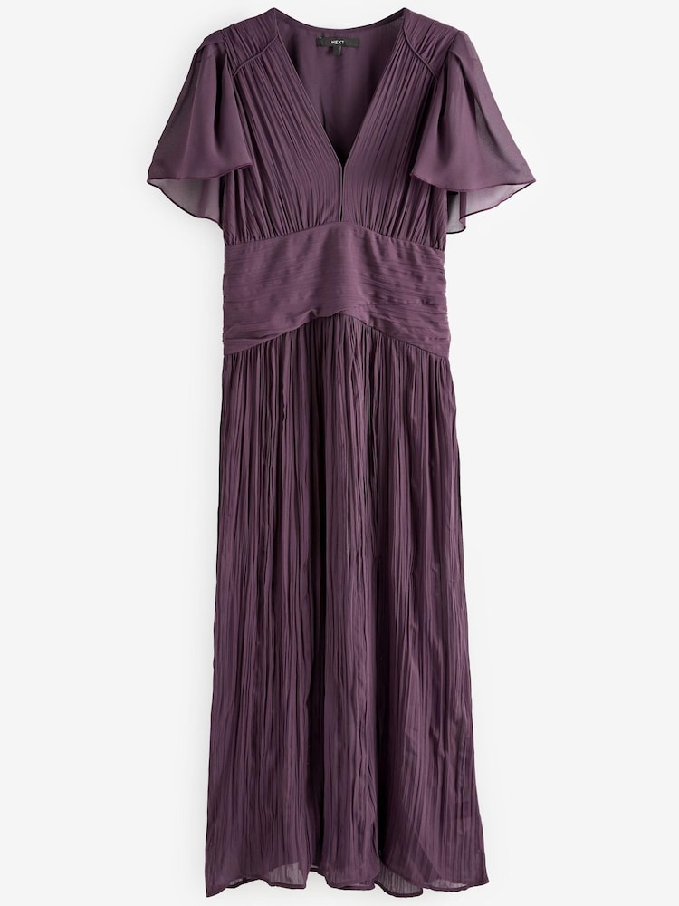 Purple Pleated Short Sleeves Midi Dress - Image 4 of 4