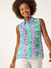 Roman Blue Ikat  Print Button Blouse - Image 1 of 5
