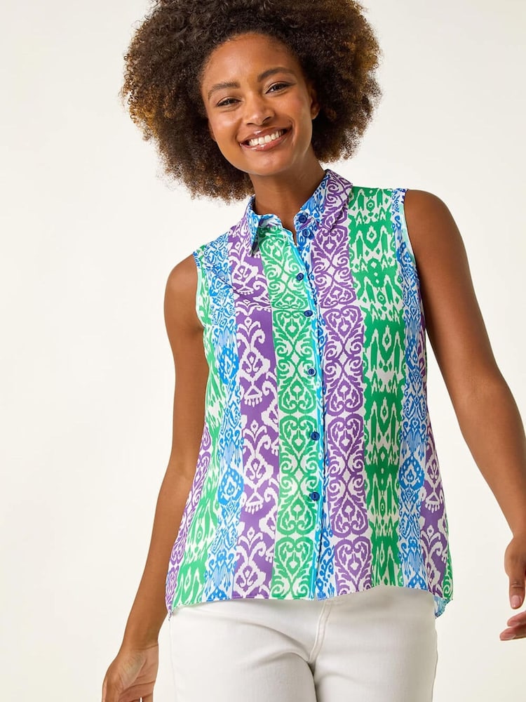 Roman Blue Ikat  Print Button Blouse - Image 1 of 5