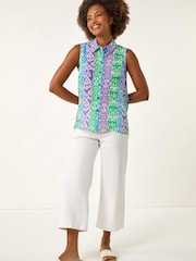 Roman Blue Ikat  Print Button Blouse - Image 2 of 5