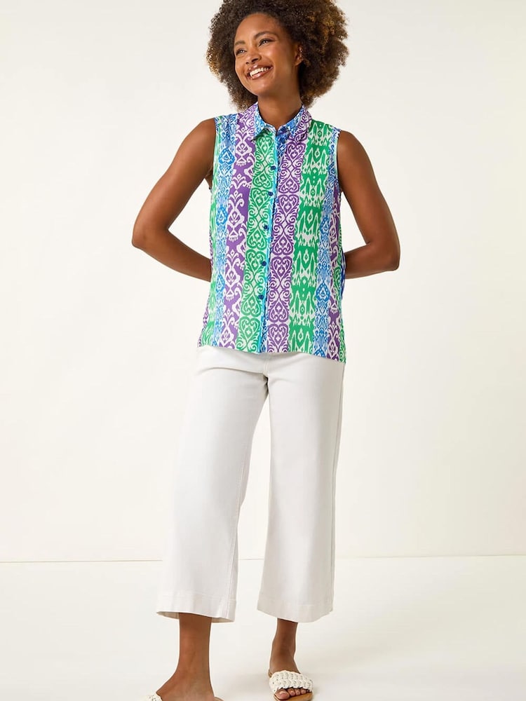 Roman Blue Ikat  Print Button Blouse - Image 2 of 5