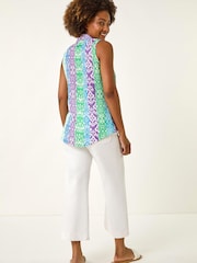 Roman Blue Ikat  Print Button Blouse - Image 3 of 5