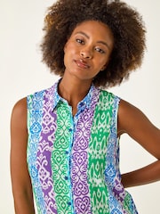 Roman Blue Ikat  Print Button Blouse - Image 4 of 5