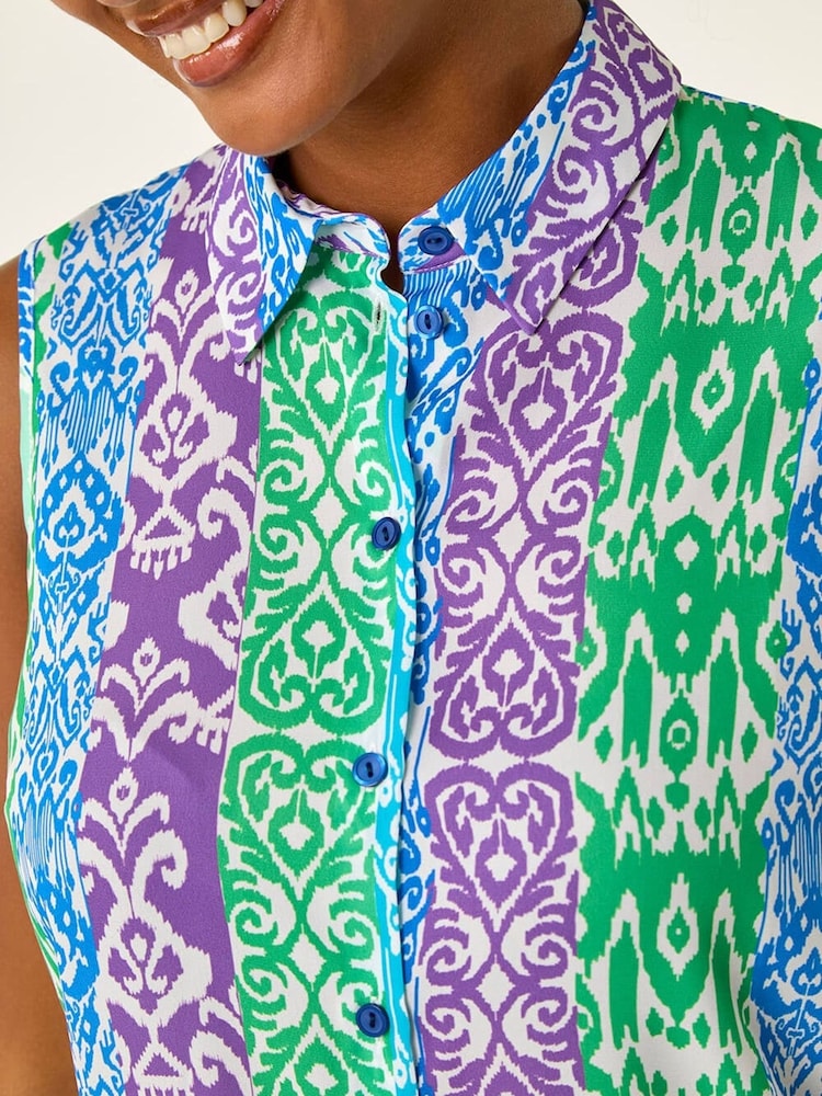 Roman Blue Ikat  Print Button Blouse - Image 5 of 5
