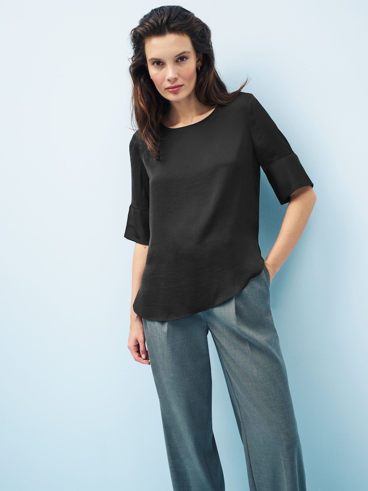 Black Curved Hem Satin Formal T-Shirt Short Sleeves Top - Image 1 of 5
