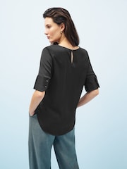 Black Curved Hem Satin Formal T-Shirt Short Sleeves Top - Image 2 of 5