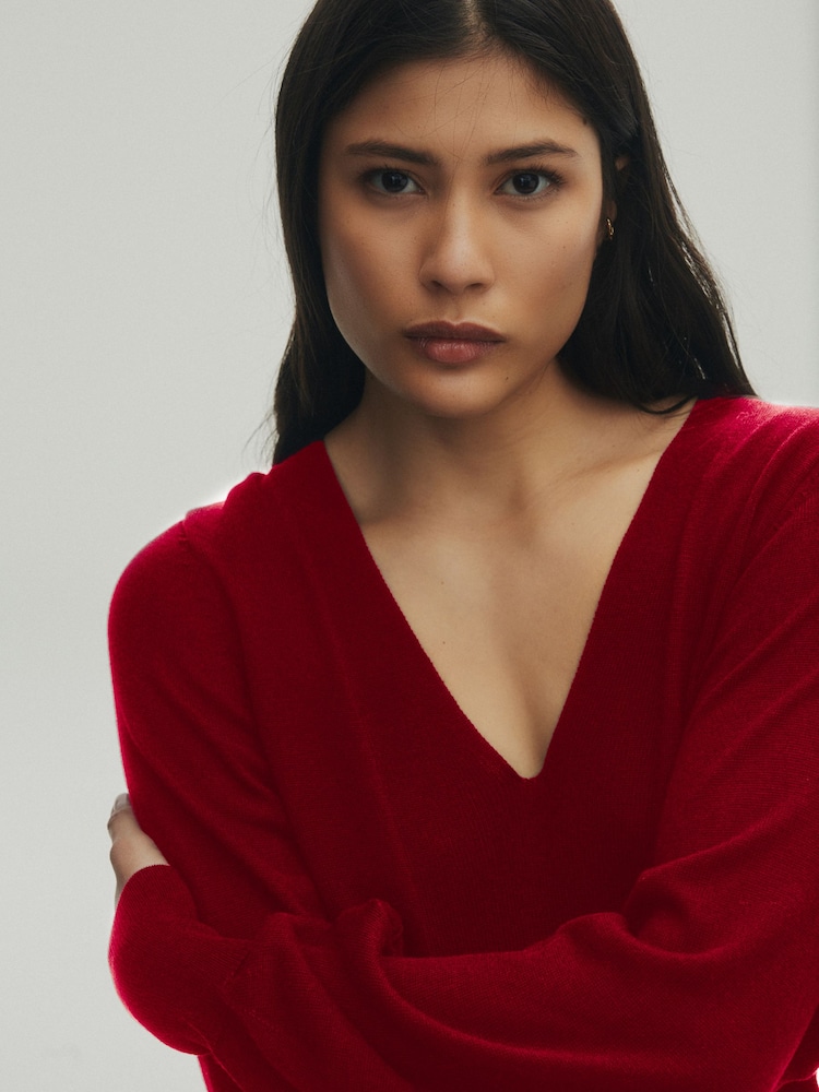 Red Premium Lyocell Deep V-Neck Jumper - Image 1 of 9