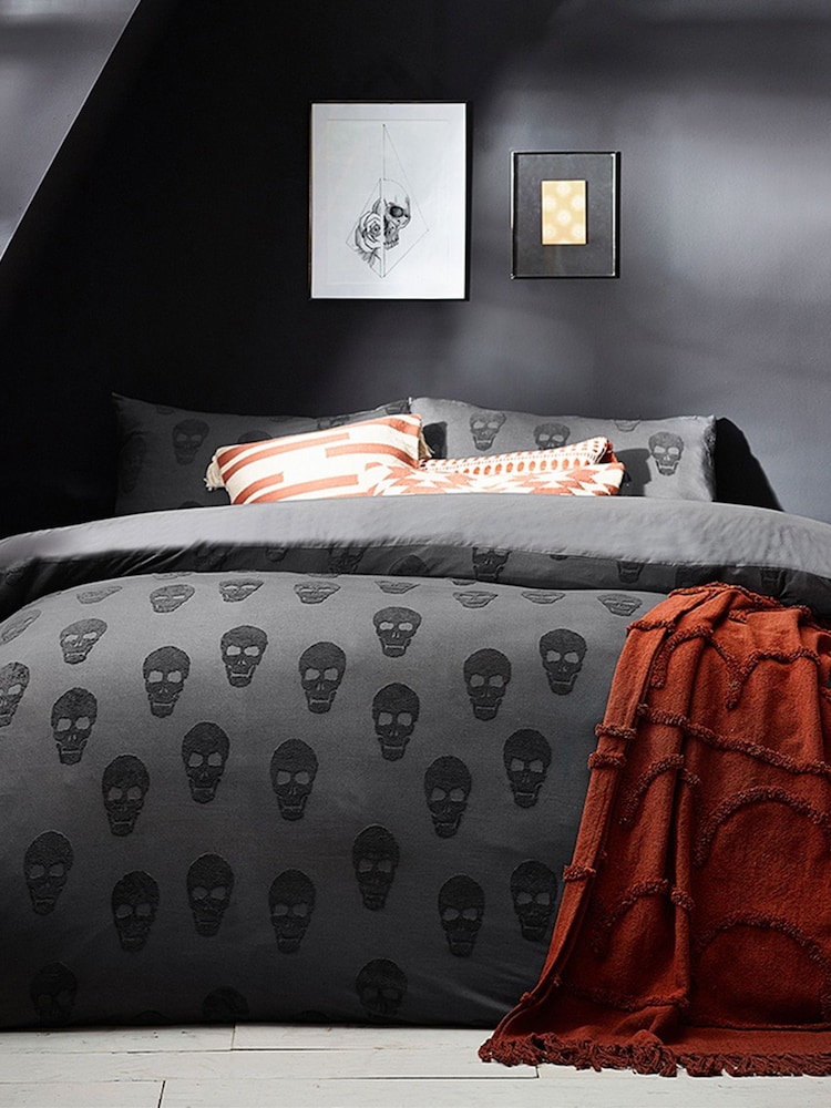 Furn Grey Skulls Tufted 100% Cotton Duvet Cover and Pillowcase Set - Image 1 of 4