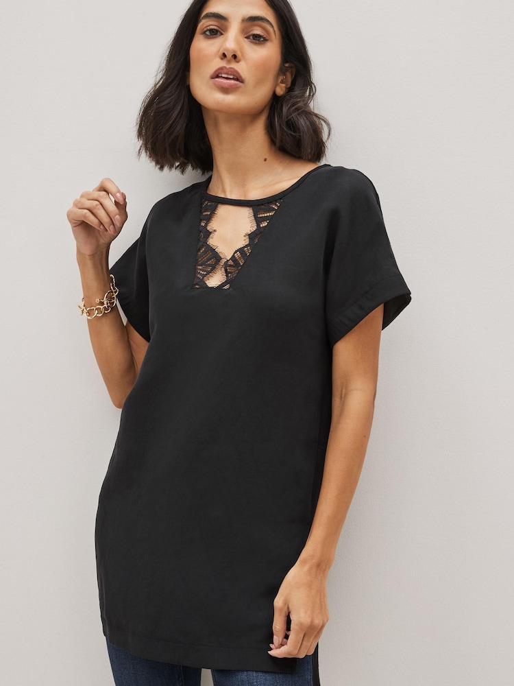 Black Lace Neck Short Sleeve Tunic - Image 1 of 4 Black Lace Neck Short Sleeve Tunic - Image 1 of 4