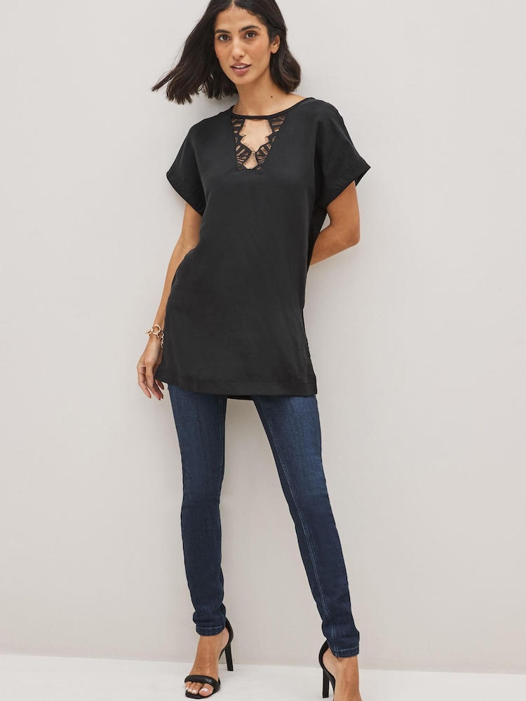 Black Lace Neck Short Sleeve Tunic - Image 2 of 4 Black Lace Neck Short Sleeve Tunic - Image 2 of 4
