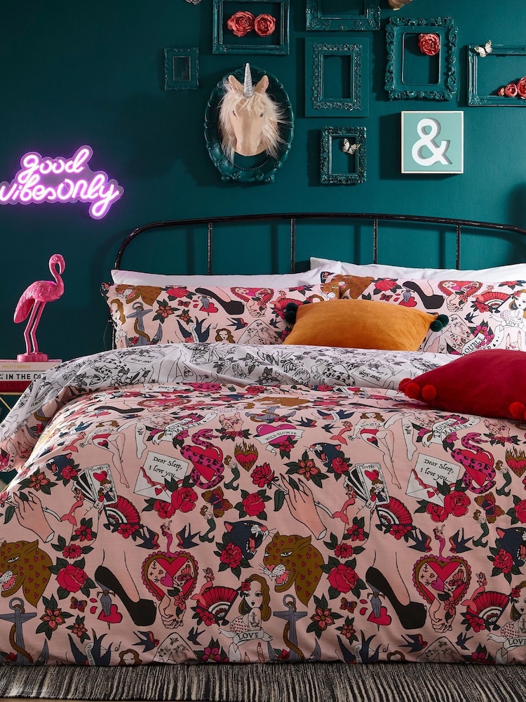 furn. Pink Inked Tattoo Inspired Reversible Duvet Cover and Pillowcase Set - Image 1 of 3