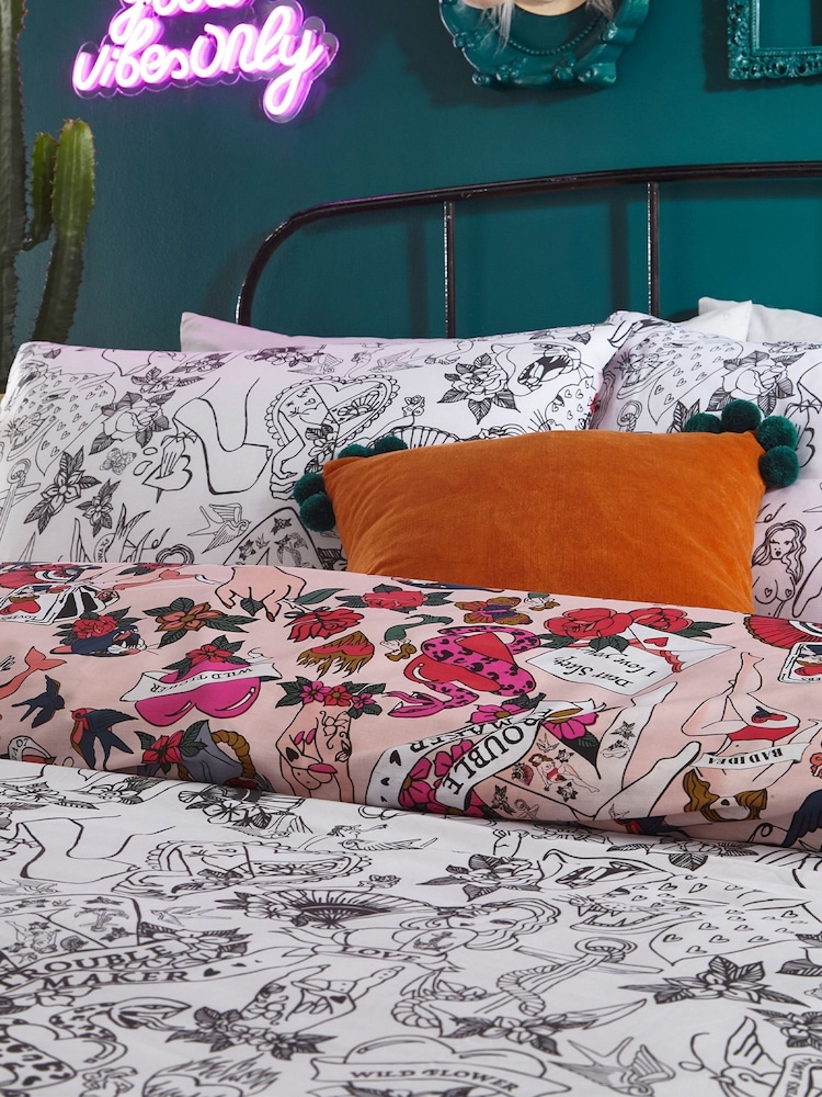 furn. Pink Inked Tattoo Inspired Reversible Duvet Cover and Pillowcase Set - Image 2 of 3