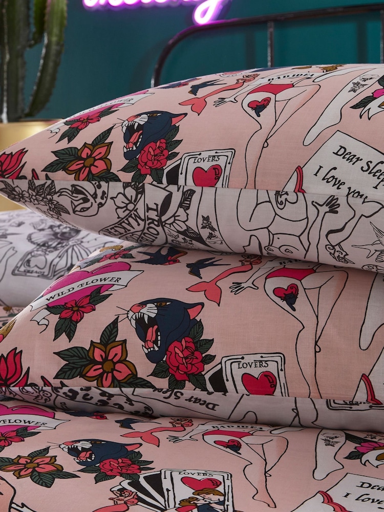 furn. Pink Inked Tattoo Inspired Reversible Duvet Cover and Pillowcase Set - Image 3 of 3