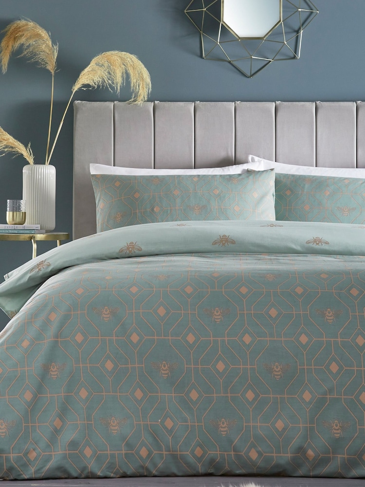 furn. Green Bee Deco Geometric Reversible Duvet Cover and Pillowcase Set - Image 1 of 3